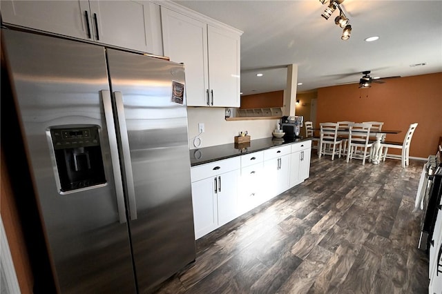 kitchen featuring stainless steel refrigerator with ice dispenser, white cabinetry, track lighting, dark hardwood / wood-style floors, and ceiling fan