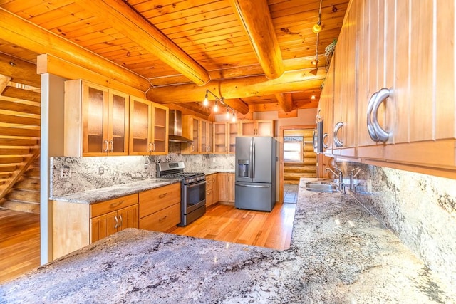 kitchen with a sink, wood ceiling, wall chimney range hood, appliances with stainless steel finishes, and rustic walls