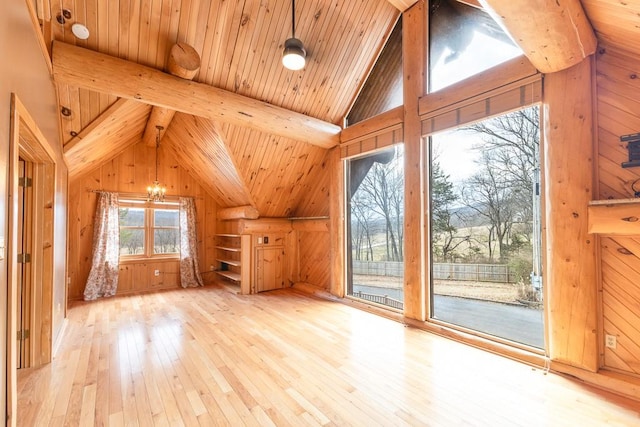 additional living space featuring wood ceiling, vaulted ceiling with beams, wooden walls, and hardwood / wood-style flooring