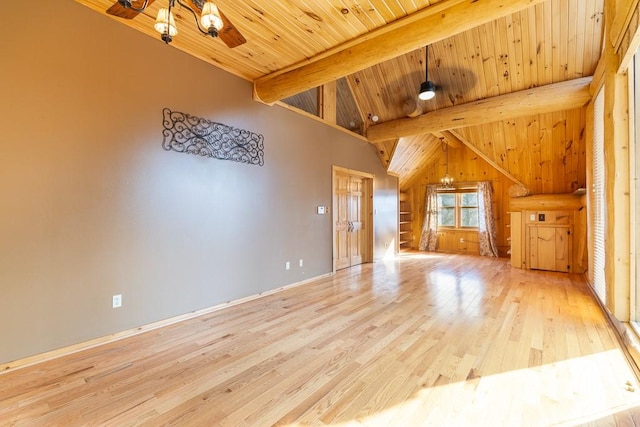 interior space featuring light wood-style floors, wood ceiling, a chandelier, and vaulted ceiling with beams