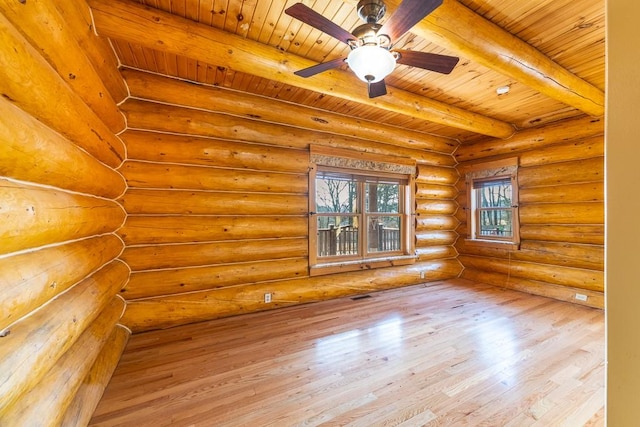 additional living space with beam ceiling, wooden ceiling, ceiling fan, and wood finished floors