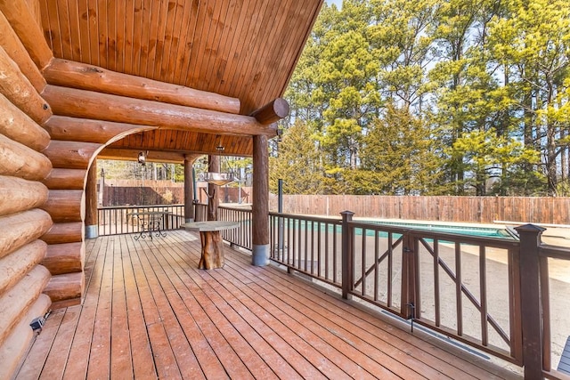 deck with a fenced in pool, a fenced backyard, and a patio