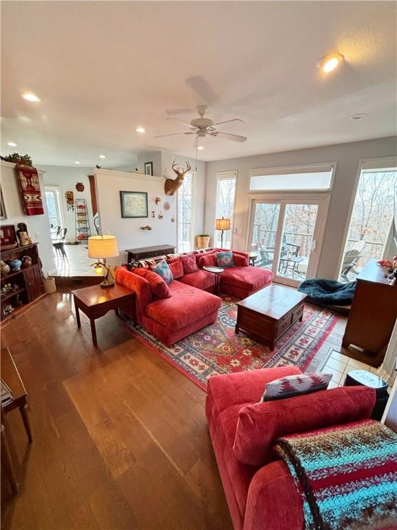 living room with hardwood / wood-style flooring and ceiling fan