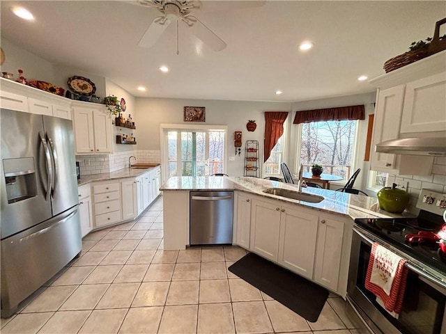 kitchen with white cabinetry, sink, stainless steel appliances, and kitchen peninsula