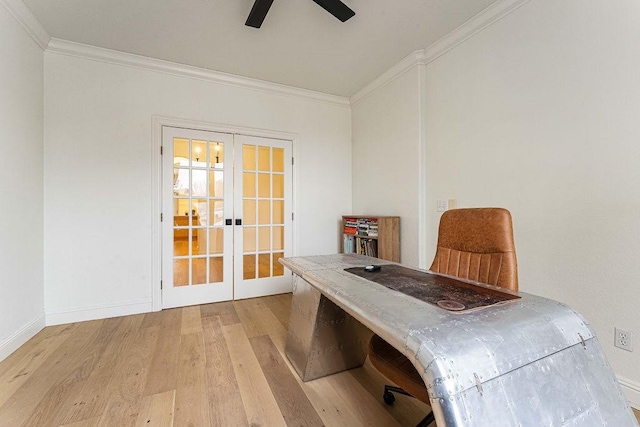 office featuring crown molding, ceiling fan, light hardwood / wood-style flooring, and french doors