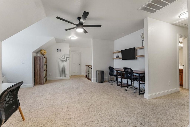 carpeted home office with ceiling fan