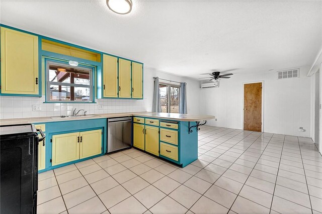 913 17th St, Rogers, AR 72758 - kitchen featuring sink, ceiling fan, dishwasher, tasteful backsplash, and kitchen peninsula