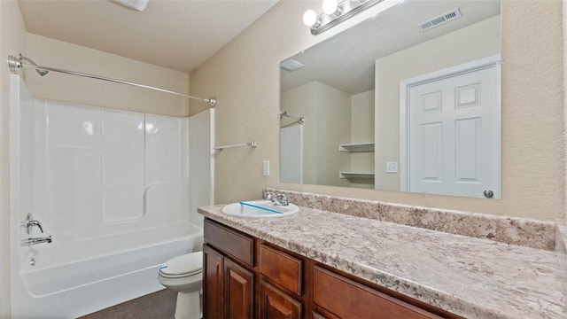 full bathroom with shower / bath combination, vanity, and toilet