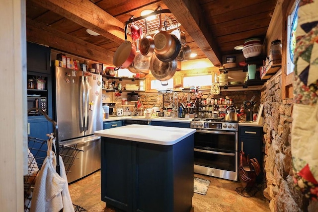 kitchen with a kitchen island, appliances with stainless steel finishes, wood ceiling, and beamed ceiling