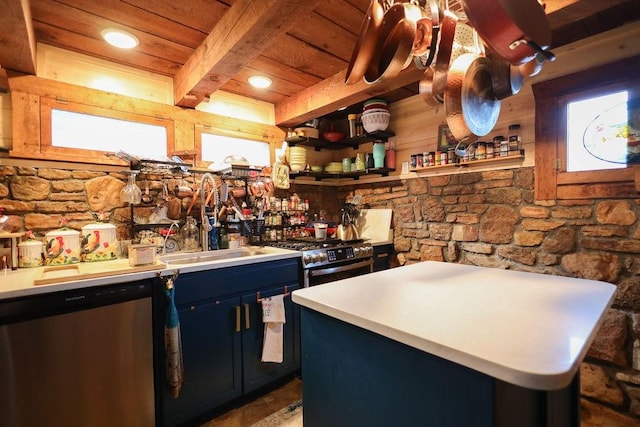 kitchen featuring beam ceiling, stainless steel appliances, a center island, and wooden ceiling