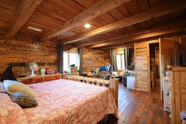 bedroom with wood ceiling, dark wood-type flooring, and beamed ceiling