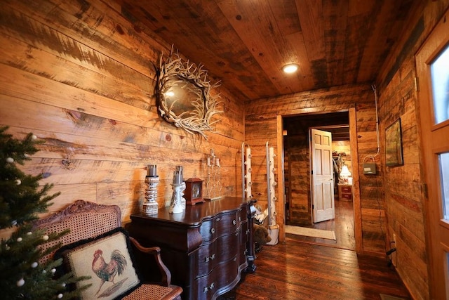 hallway with dark hardwood / wood-style flooring, wood ceiling, and wood walls