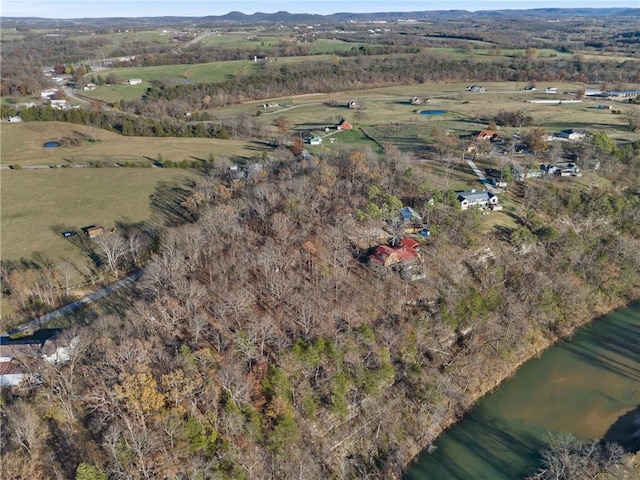 aerial view featuring a water view and a rural view