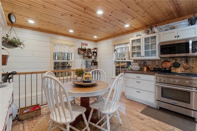 kitchen featuring white cabinetry, wood ceiling, appliances with stainless steel finishes, and light hardwood / wood-style floors