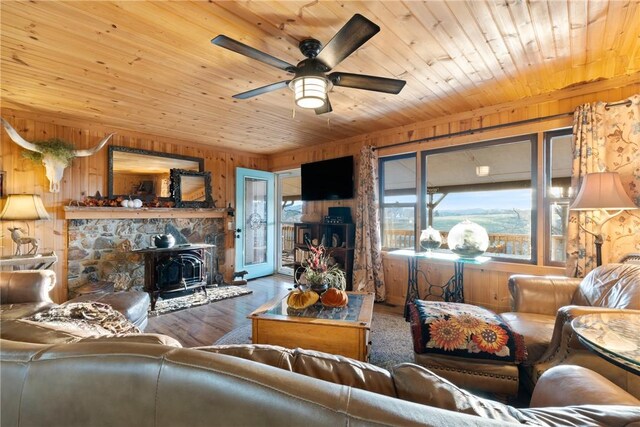 living room featuring wood ceiling, ceiling fan, wooden walls, and hardwood / wood-style floors