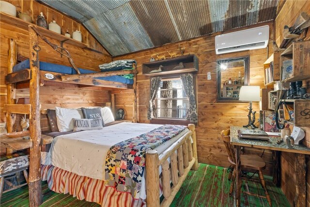 bedroom featuring lofted ceiling, an AC wall unit, and wood walls