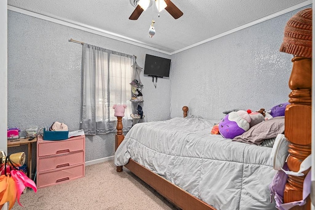 carpeted bedroom featuring ceiling fan, crown molding, and a textured ceiling