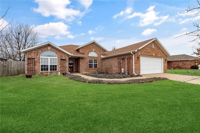 ranch-style house with a garage and a front lawn