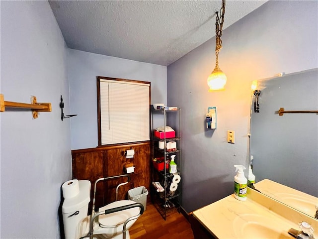 bathroom featuring wood-type flooring, vanity, and a textured ceiling