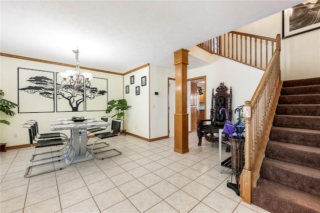 tiled dining room featuring a notable chandelier and ornamental molding