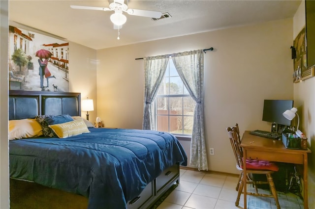 bedroom with light tile patterned flooring and ceiling fan