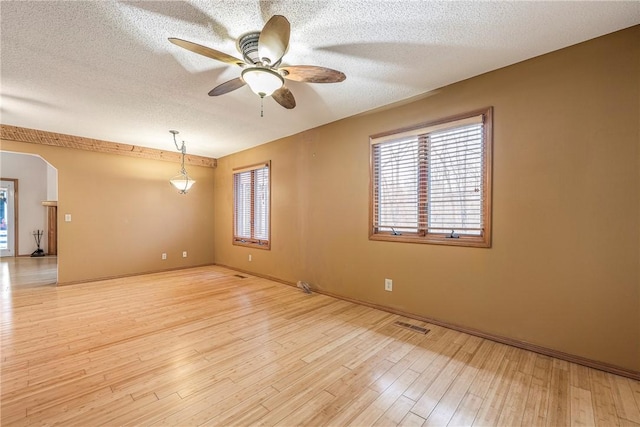 empty room featuring plenty of natural light, a textured ceiling, and light wood-type flooring