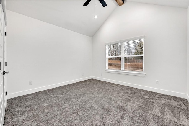 unfurnished room with ceiling fan, beam ceiling, high vaulted ceiling, and dark colored carpet