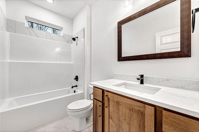 full bathroom with vanity, tub / shower combination, and toilet