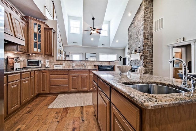 kitchen featuring hardwood / wood-style flooring, stone countertops, sink, and decorative backsplash