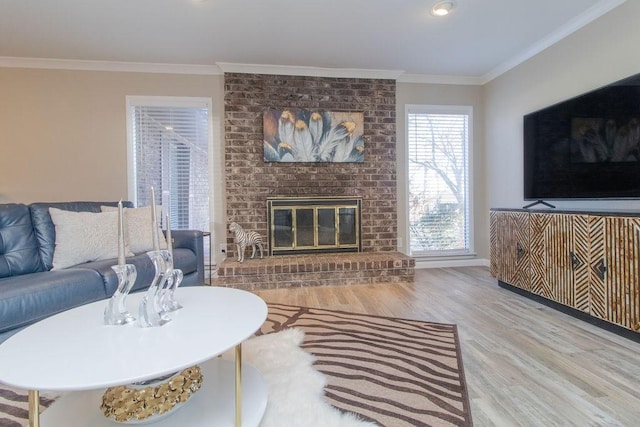 living room featuring ornamental molding, a fireplace, and light wood-type flooring