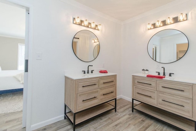 bathroom with crown molding, wood-type flooring, and vanity