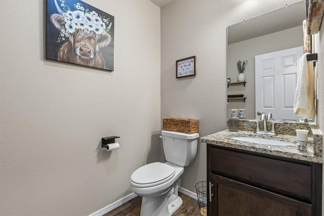 bathroom with vanity, wood-type flooring, and toilet