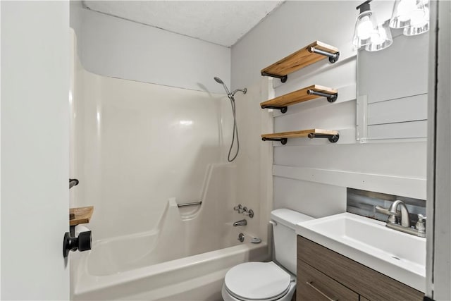 full bathroom with vanity,  shower combination, and toilet