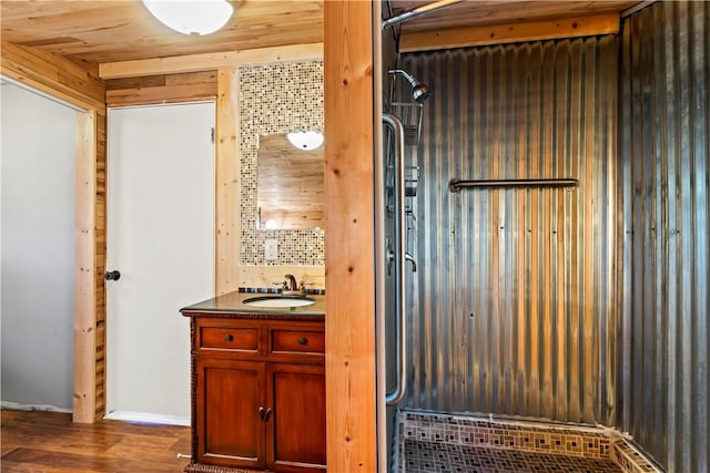 bathroom featuring vanity, wood ceiling, and wood-type flooring