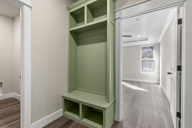 mudroom featuring wood-type flooring, crown molding, and a tray ceiling