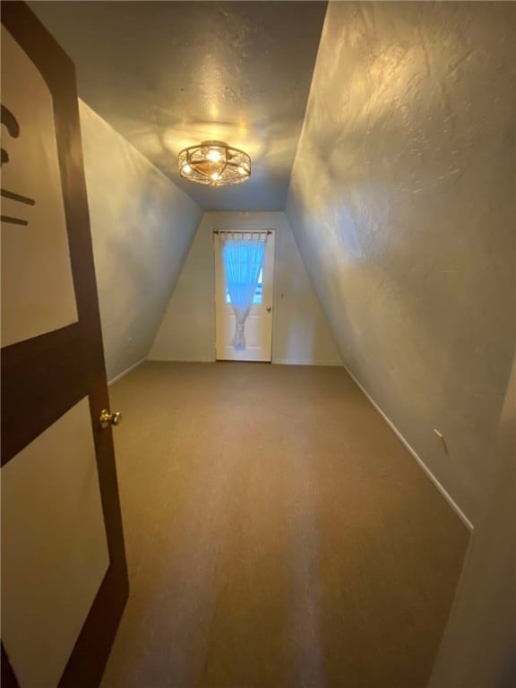 additional living space featuring lofted ceiling, carpet floors, and a textured ceiling