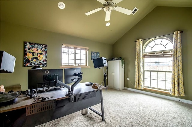 home office with ceiling fan, lofted ceiling, and carpet flooring