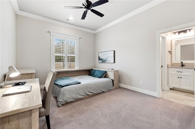 carpeted bedroom featuring ornamental molding, sink, connected bathroom, and ceiling fan