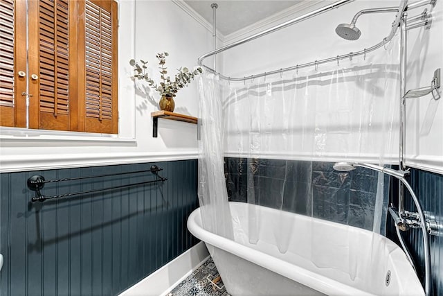 bathroom with shower / tub combo and crown molding