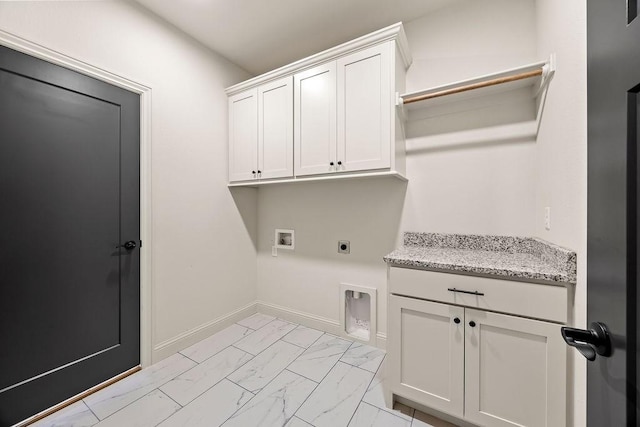 7967 Range Ave, Springdale, AR 72762 - laundry room with cabinet space, light marble finish floors, electric dryer hookup, hookup for a washing machine, and baseboards