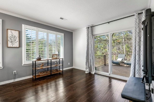 interior space with crown molding, a textured ceiling, and dark hardwood / wood-style flooring