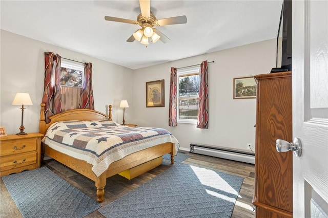 bedroom featuring ceiling fan, dark hardwood / wood-style floors, and baseboard heating