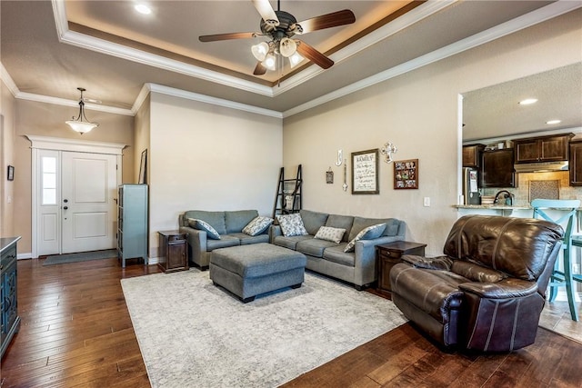 living room with sink, ornamental molding, a tray ceiling, dark hardwood / wood-style flooring, and ceiling fan