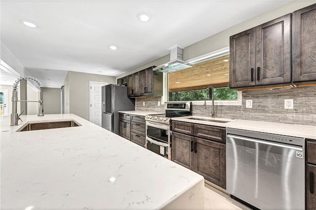 kitchen with appliances with stainless steel finishes, ventilation hood, sink, and dark brown cabinets