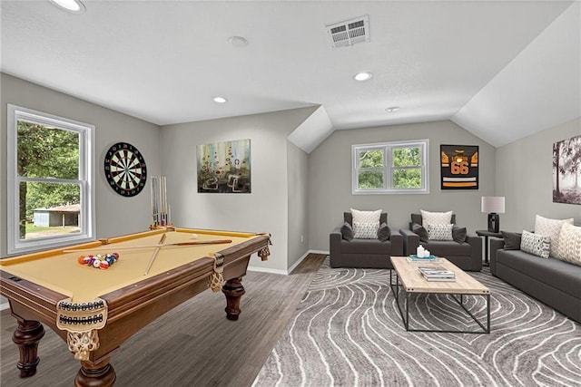 playroom featuring billiards, vaulted ceiling, and hardwood / wood-style floors