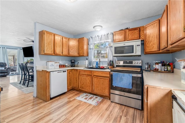 kitchen with plenty of natural light, light wood-type flooring, and white appliances