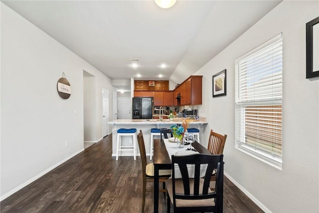 dining area with dark wood-type flooring