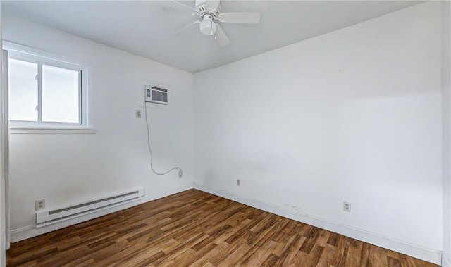 empty room with a wall mounted air conditioner, a baseboard radiator, dark hardwood / wood-style floors, and ceiling fan