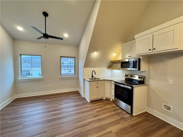 kitchen featuring sink, dark hardwood / wood-style floors, stainless steel appliances, light stone countertops, and white cabinets