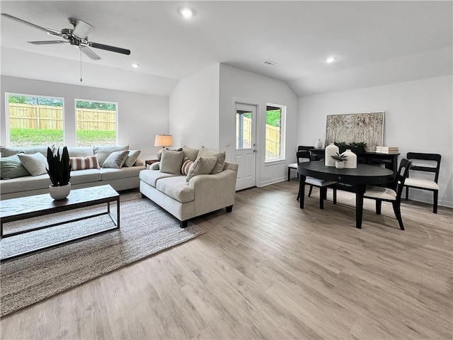 1623 Ridgeview Dr, Springdale, AR 72762 - living room with light wood finished floors, a ceiling fan, lofted ceiling, baseboards, and recessed lighting